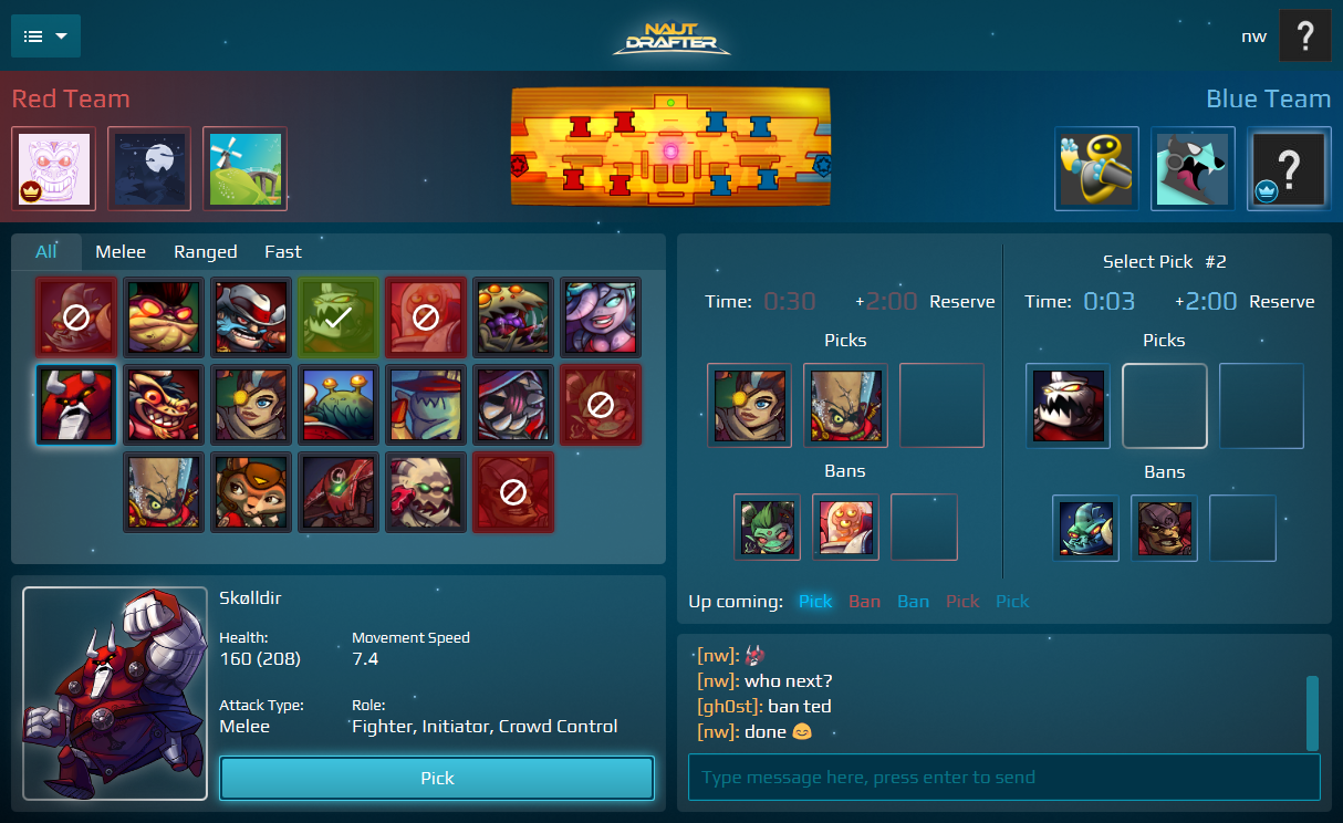 Screenshot showing the Nuatdrafter user interface, including icons for in-game characters, details of the selected character, text chat, and information of the state of the draft.